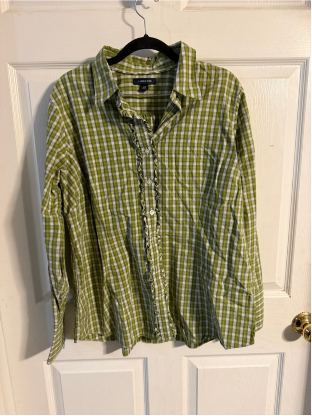 Women's Lands' End Green Plaid Ruffle Button Down Shirt Size 18W